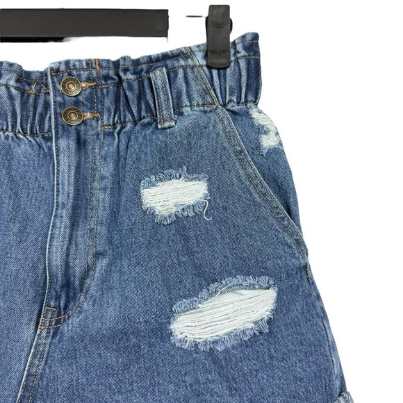 Forever 21 Sz L Jean Shorts Elastic Waist Distressed Rolled Hem Hi-Rise Blue Y2K - Picture 3 of 6